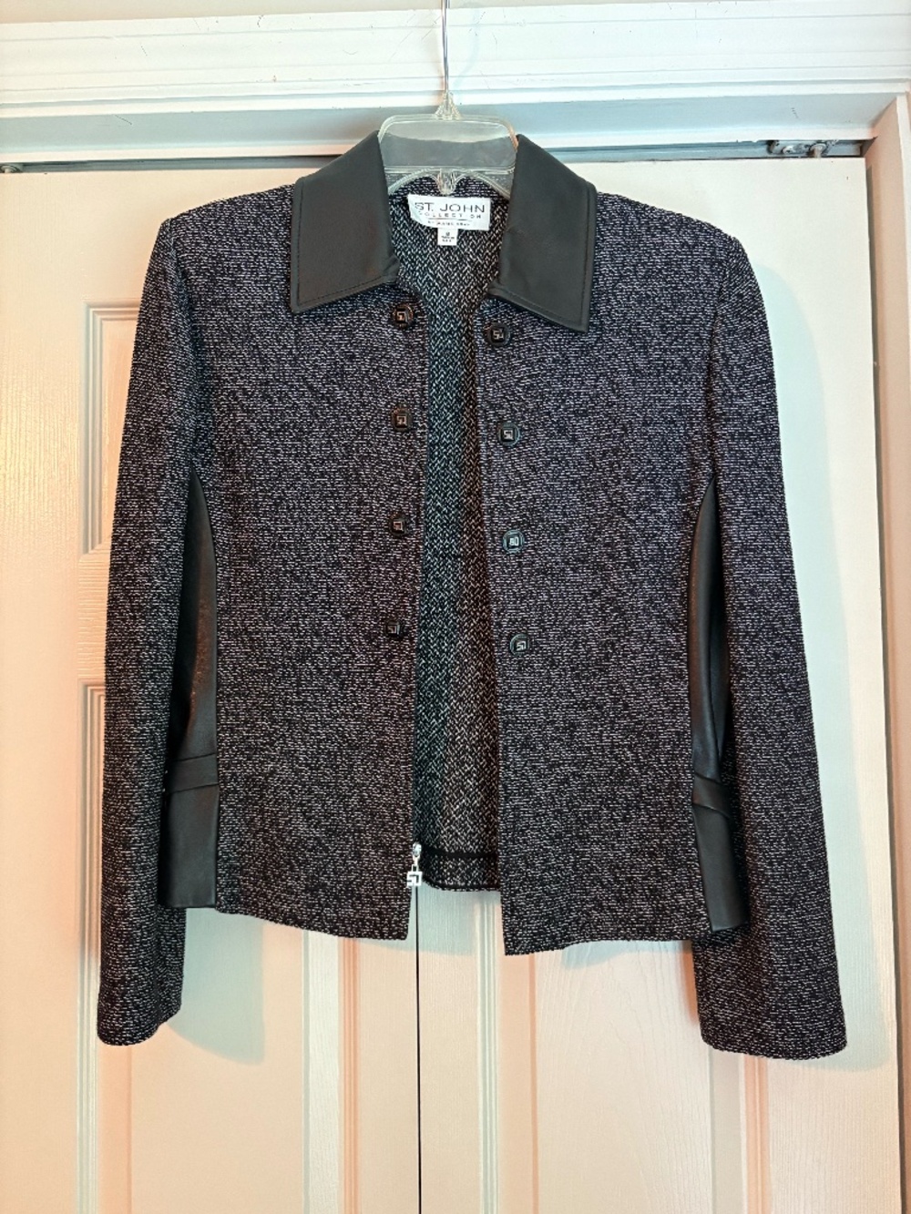 Vintage St. John black & white knit & leather jacket